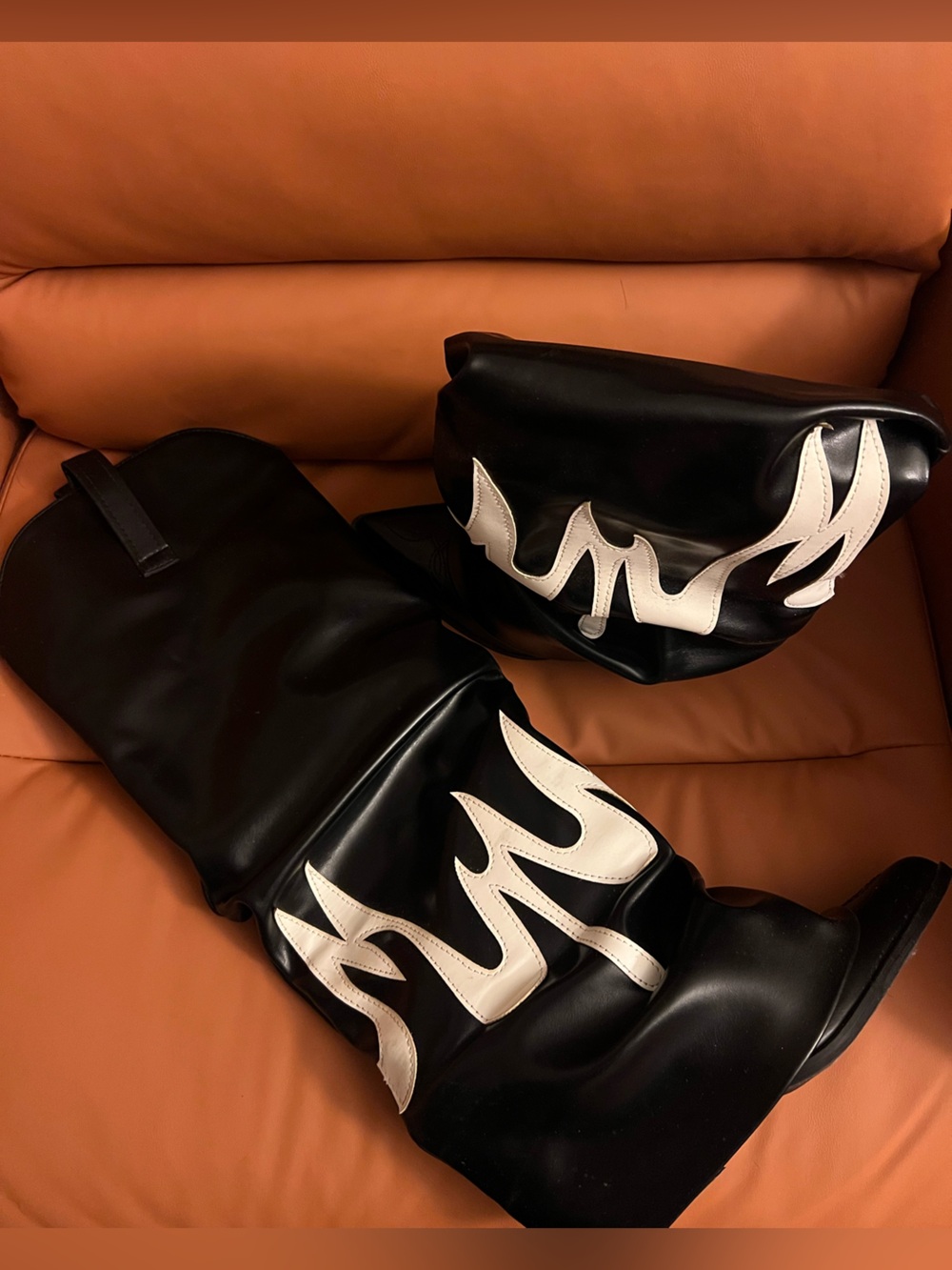 Fashion Nova Black Boots with White Flame Detail
